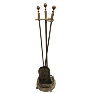 Vintage Brass Art Nouveau Style Fireplace Toolset Clawfoot Stand, Poker & Shovel